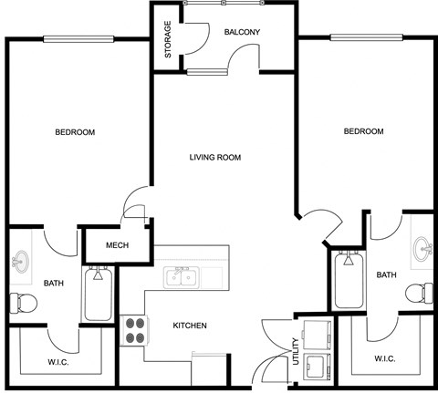 Floor plan for 2 beds, 2 baths, 1027 sqft